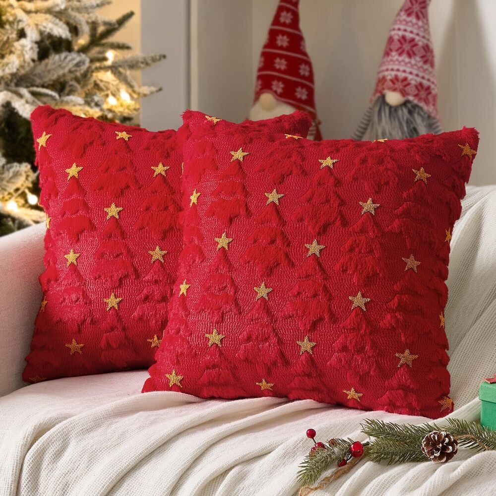 9774 Christmas Pillow Covers 18x18 Inch Set of 2, Red Christmas Tree Plush
